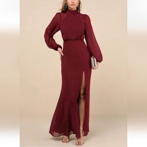 NWT Lulus Graceful Entrance Plum Purple Long Sleeve Backless Maxi Dress